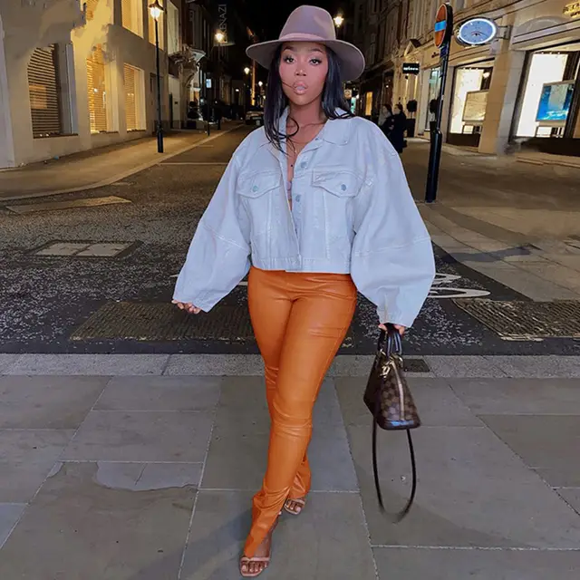 High Waist Stitching PU Leather Pants Fashion Bag Hip Split Slim Feet Leggings Orange - Shop at LoveMi