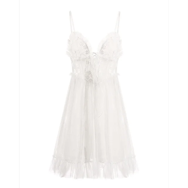 Beautiful Embroidered Lace Princess Style Home Suspender Skirt White - Shop at LoveMi