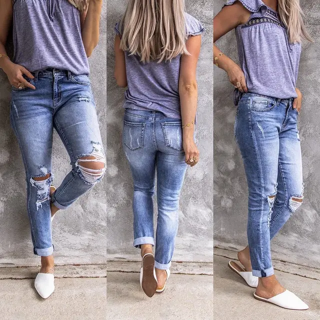 Ripped Retro Full Jet Stretch Small Straight Jeans Light Blue - Shop at LoveMi