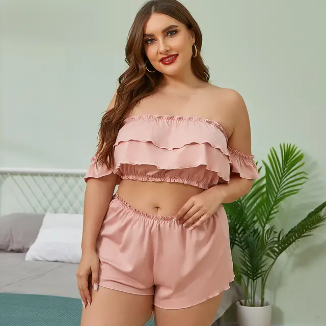 Large Size Lace Sexy Stitching Lace Sexy One Shoulder Pajamas Pink - Shop at LoveMi