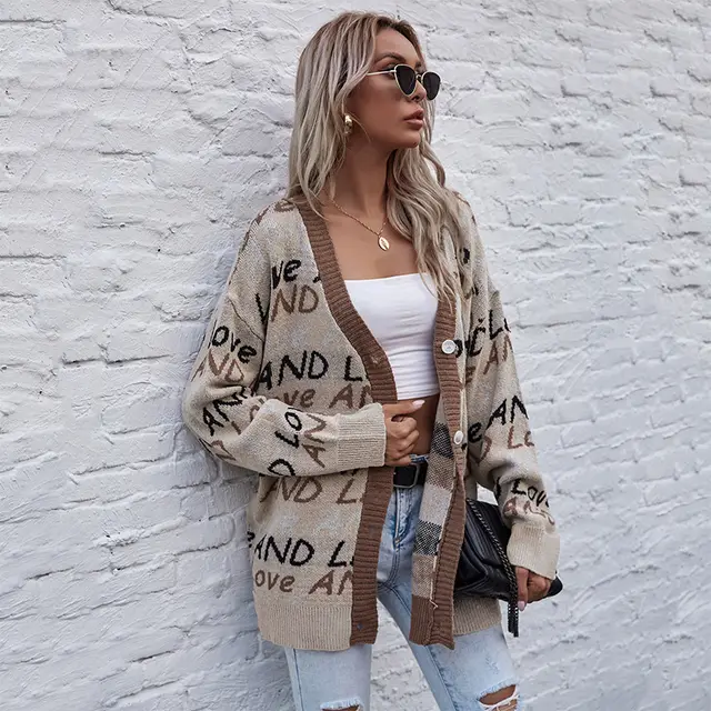 V neck Letter Loose European And American Long sleeved Knitted cardigan Khaki - Shop at LoveMi