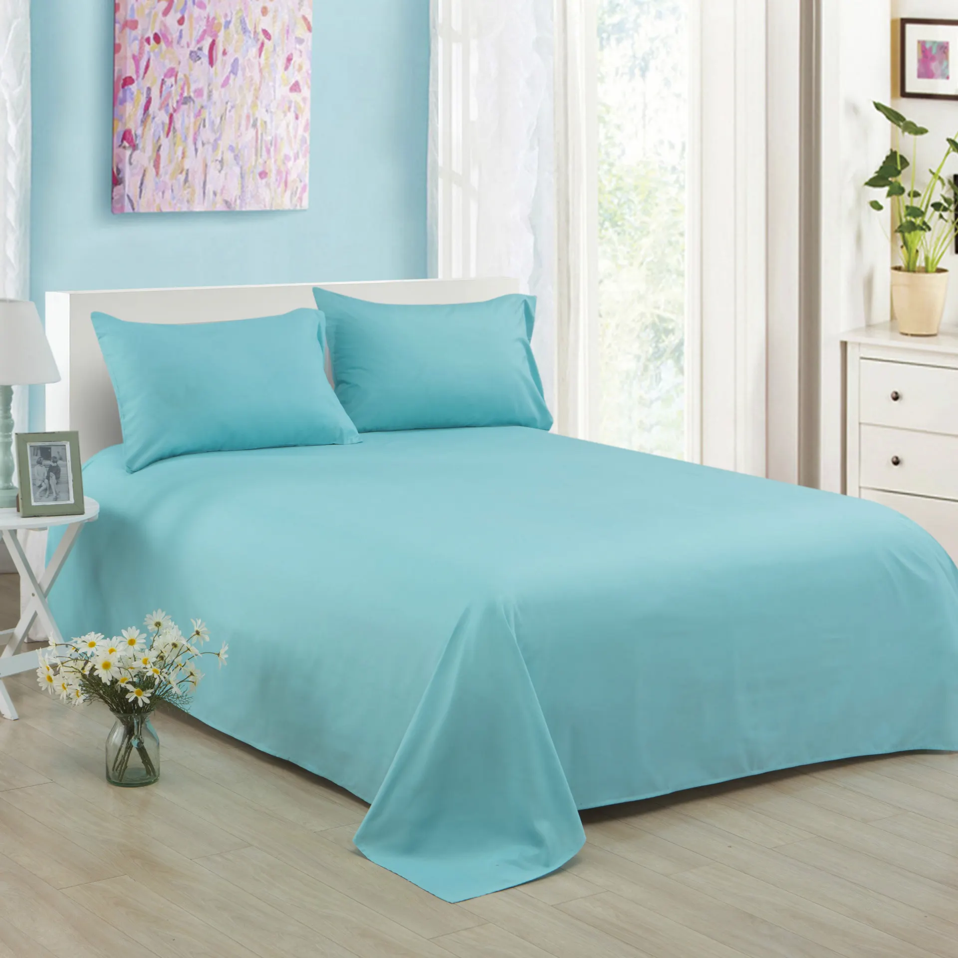 Pure Color Polyester Cotton Extra Bed Sheets Hotel Home - Blue