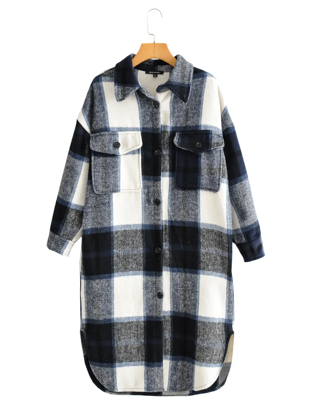 Lapel Button-Breasted Plaid Trench Coat - Navy Blue