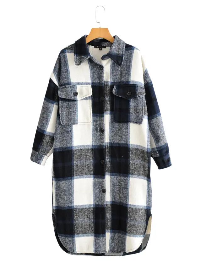 Lapel Button Breasted Plaid Trench Coat Navy Blue - Shop at LoveMi