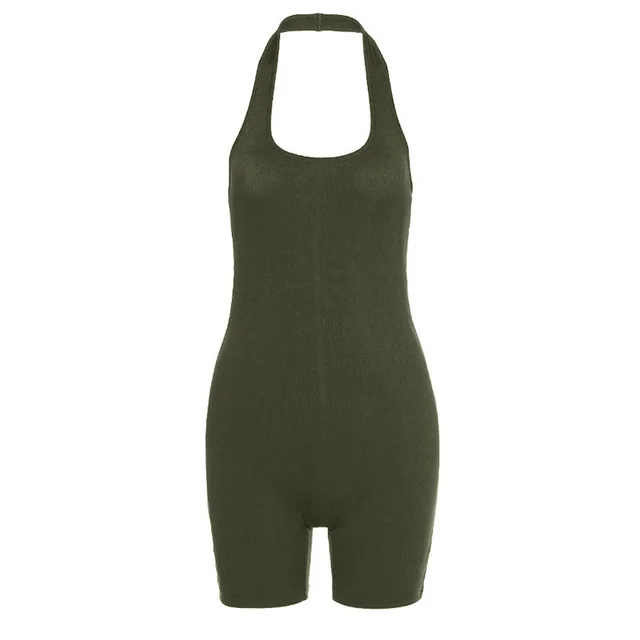 Pure Color Sexy Halter Short Sports Jumpsuit Army Green - Shop at LoveMi