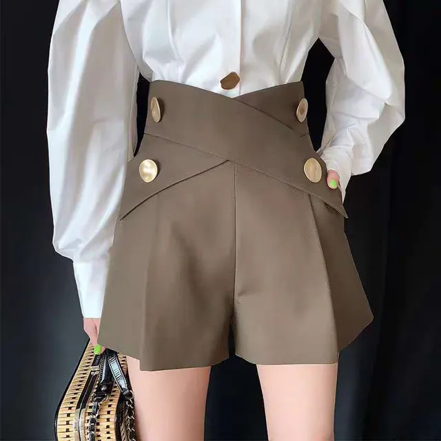 High Waist Casual A line Wide Leg Slimming Shorts Women's Pants Brown - Shop at LoveMi