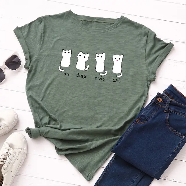 Loose Round Neck Short Sleeved Cotton Blouse Army Green - Shop at LoveMi
