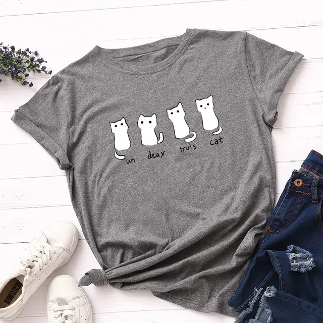 Loose Round Neck Short Sleeved Cotton Blouse Dark Grey - Shop at LoveMi
