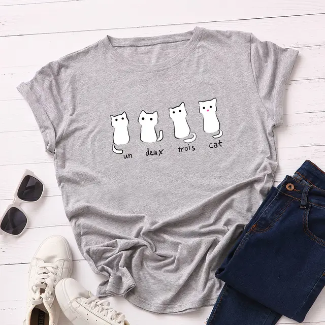 Loose Round Neck Short Sleeved Cotton Blouse Light Grey - Shop at LoveMi