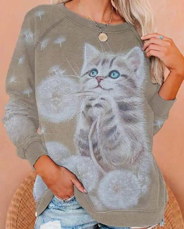 Cat Print Ladies Loose Round Neck Sweater Khaki - Shop at LoveMi