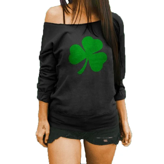 Off Shoulder Long Sleeve Clover Print Top Black - Shop at LoveMi