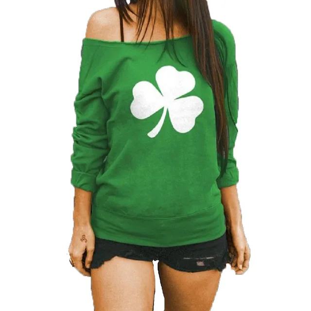 Off Shoulder Long Sleeve Clover Print Top Green - Shop at LoveMi