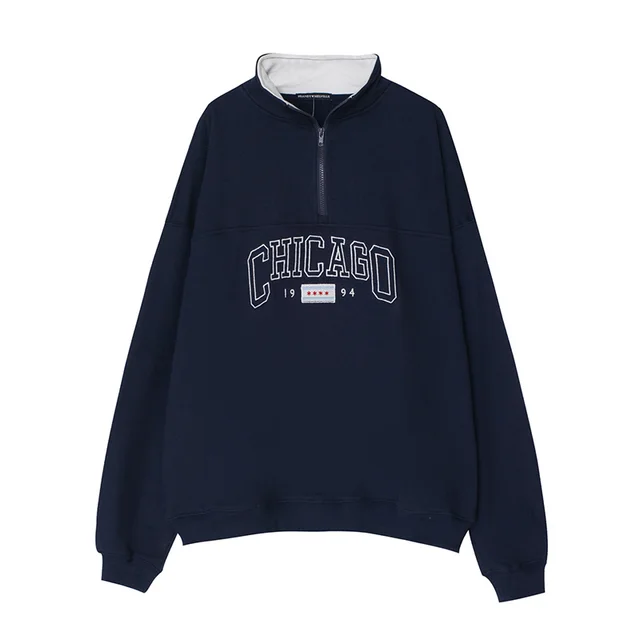 Loose Half Zipper High Collar Casual Top Trendy Navy Blue - Shop at LoveMi