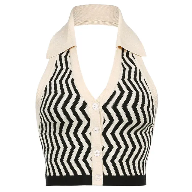Sexy Fashion Strapless Lapels Halter Vest Wavy Striped Halter Vest Black - Shop at LoveMi