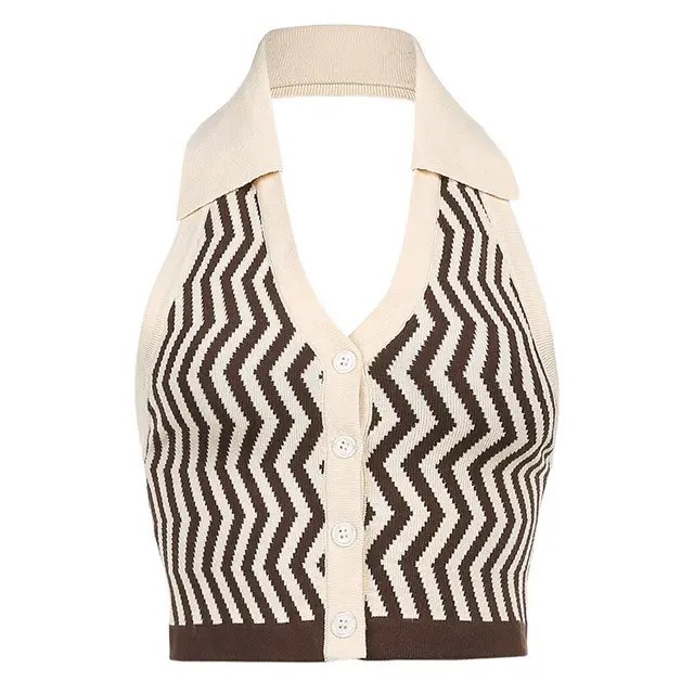 Sexy Fashion Strapless Lapels Halter Vest Wavy Striped Halter Vest Brown - Shop at LoveMi
