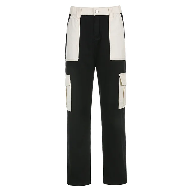 High Waist Contrast Stitching Multi pocket Loose Jeans Black White - Shop at LoveMi