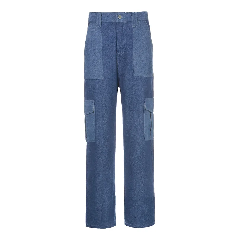 High Waist Contrast Stitching Multi-pocket Loose Jeans - Blue