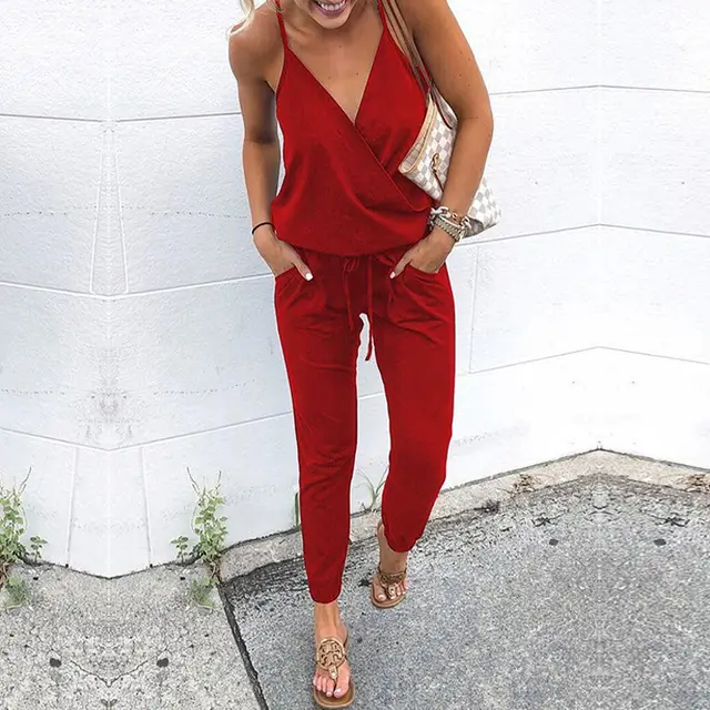 Lace up Pocket Halter Suspender Women's Jumpsuit Red - Shop at LoveMi