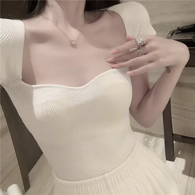 Sexy Slim Knit Short Sleeve T shirt With Clavicle White - Shop at LoveMi