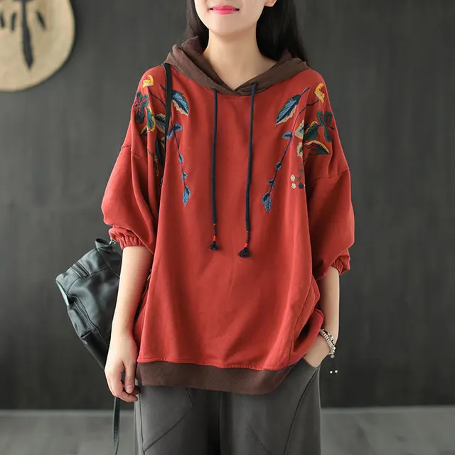 Retro Literature And Art Loose Pullover Casual Ladies Top Orange Red - Shop at LoveMi