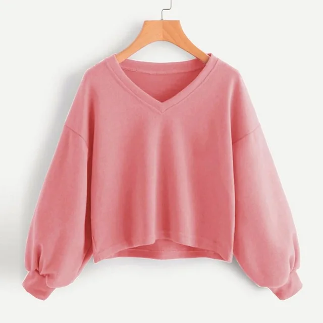 Fashion Women's Solid Color Casual Drop Shoulder Lantern Sleeve Pullover Pink - Shop at LoveMi