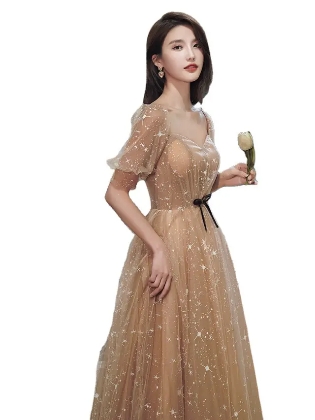 Temperament Long Starry Sky Engagement Host Catwalk Dress Champagne Beige - Shop at LoveMi