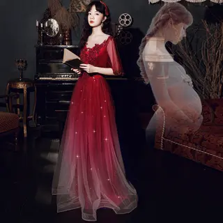Black Annual French Dinner Dresses - Wine Red
