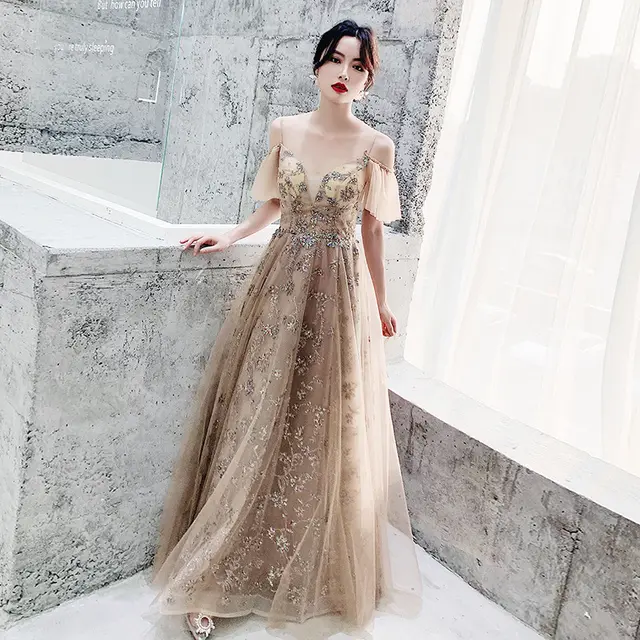 New style Sling Fantasy Fairy Temperament Birthday Party Host Dress Skirt Long Champagne - Shop at LoveMi