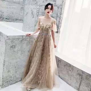 New style Sling Fantasy Fairy Temperament Birthday Party Host Dress Skirt Long - Champagne