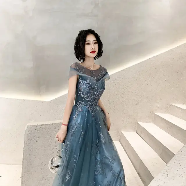 New Dreamy Temperament Heavy Industry Banquet Evening Dress Blue - Shop at LoveMi