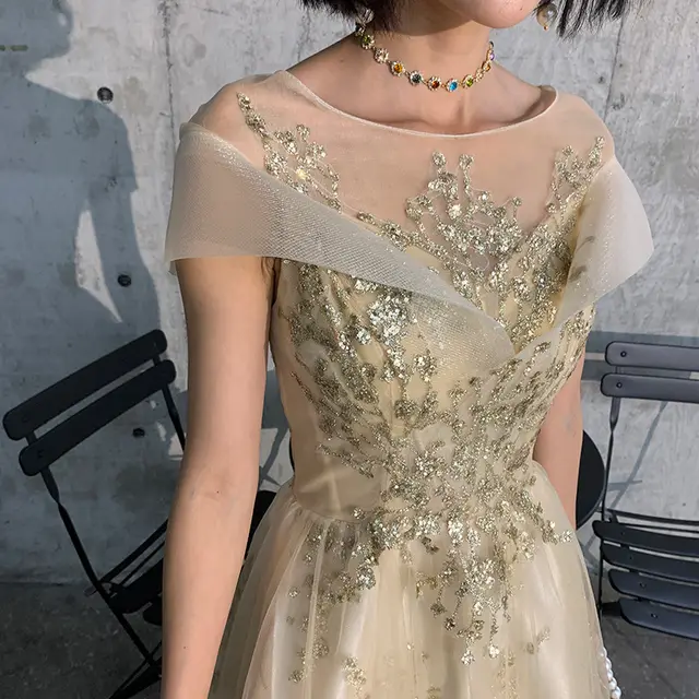 New Dreamy Temperament Heavy Industry Banquet Evening Dress Champagne - Shop at LoveMi