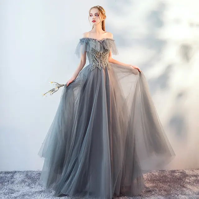 The Host's Annual Meeting Banquet Dress Skirt Fairy Air Shoulder Long Dress Female Grey - Shop at LoveMi