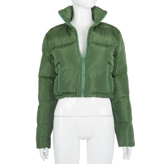 Fashion Short Coat Winter Warm Long sleeved Stand Collar Zipper Bread Cotton Coat With Drawstring Design Women's Jacket Green - Shop at LoveMi