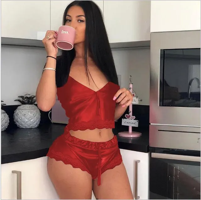 High Stretch Satin Home Pajamas 2 piece Set Red - Shop at LoveMi