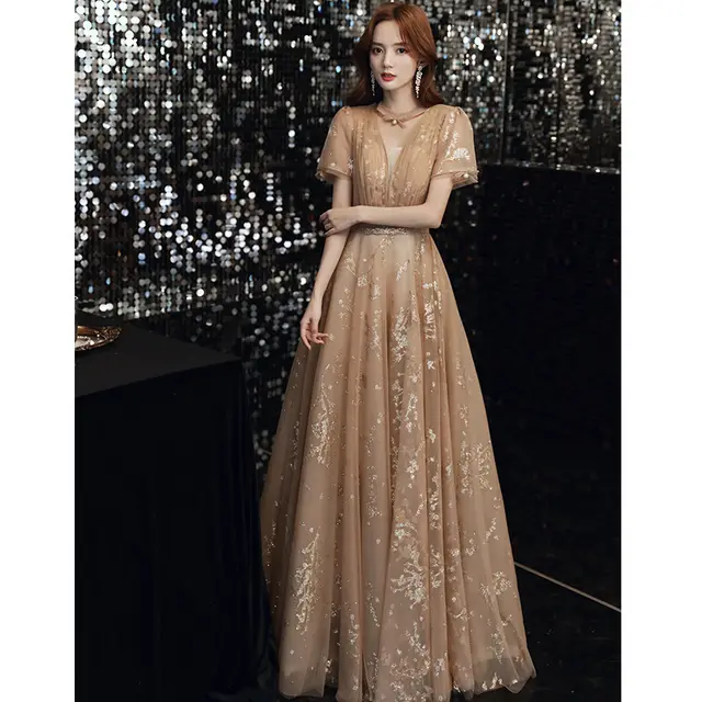 Champagne Fairy Dream Banquet Temperament Elegant Dress Champagne Gold - Shop at LoveMi