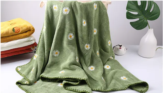Fashion Coral Fleece Embroidery Bath Towel Absorbent and Skin friendly Green - Shop at LoveMi