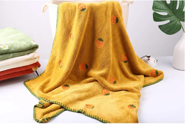 Fashion Coral Fleece Embroidery Bath Towel Absorbent and Skin friendly Yellow - Shop at LoveMi