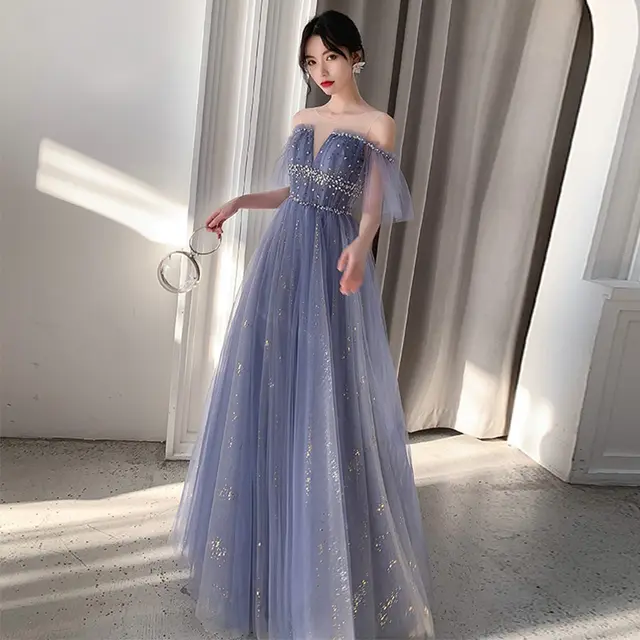 One Shoulder Noble Temperament Starry Sky Birthday Bride Toast Dress Long Blue - Shop at LoveMi