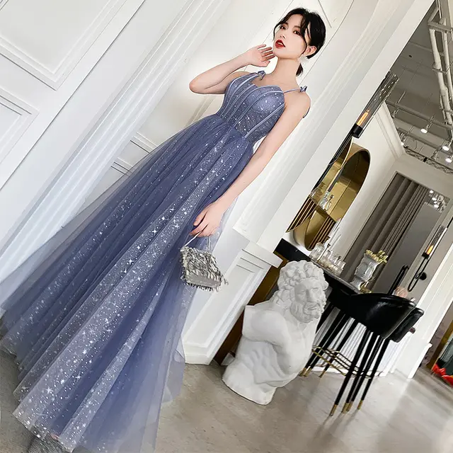 One Shoulder Noble Temperament Starry Sky Birthday Bride Toast Dress Long Light Blue - Shop at LoveMi