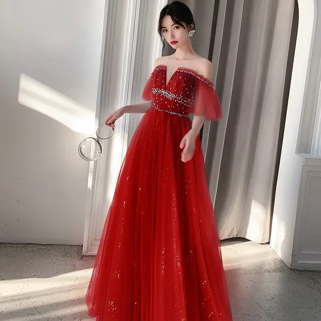 One Shoulder Noble Temperament Starry Sky Birthday Bride Toast Dress Long Red - Shop at LoveMi