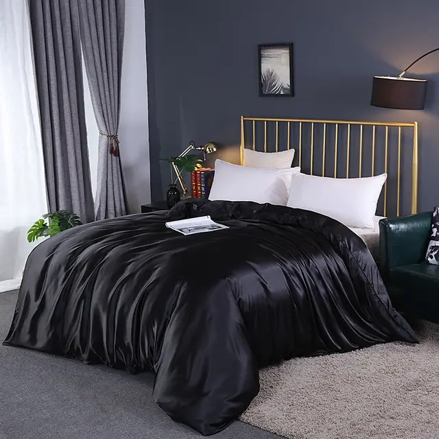 Pure Color Washed Silky Bedding Ice Silk Quilt Cover Black - Shop at LoveMi