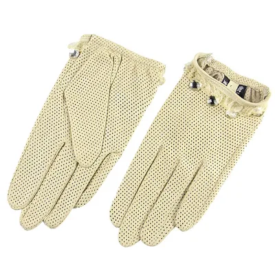 Ladies Sheepskin Perforated Breathable Single Leather Touch Screen Full Finger Gloves Beige - Shop at LoveMi