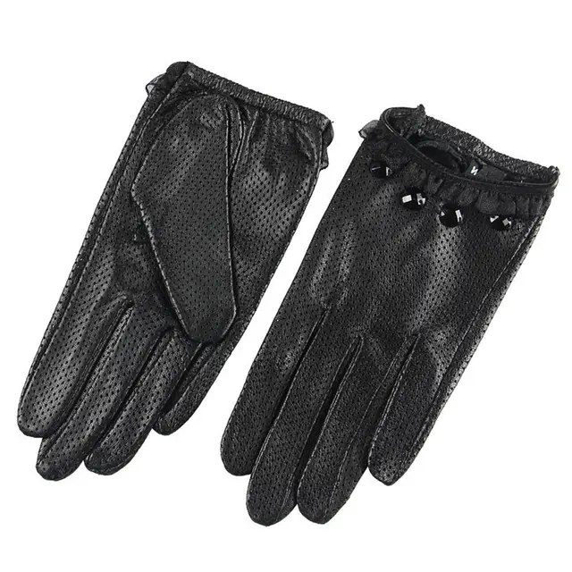 Ladies Sheepskin Perforated Breathable Single Leather Touch Screen Full Finger Gloves Black - Shop at LoveMi