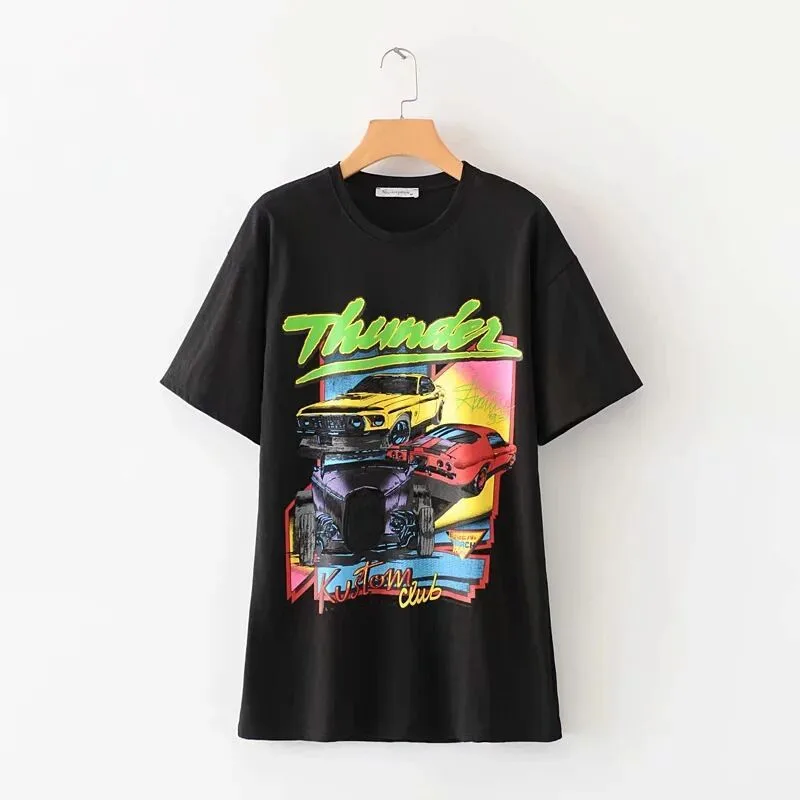 Retro Loose Car Print Short Sleeve - Black - View 1