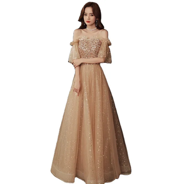 Long Blonde Dignified Host Socialite Banquet Temperament Bridesmaid Dress Champagne Gold - Shop at LoveMi