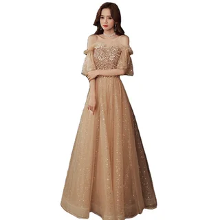 Long Blonde Dignified Host Socialite Banquet Temperament Bridesmaid Dress - Champagne Gold