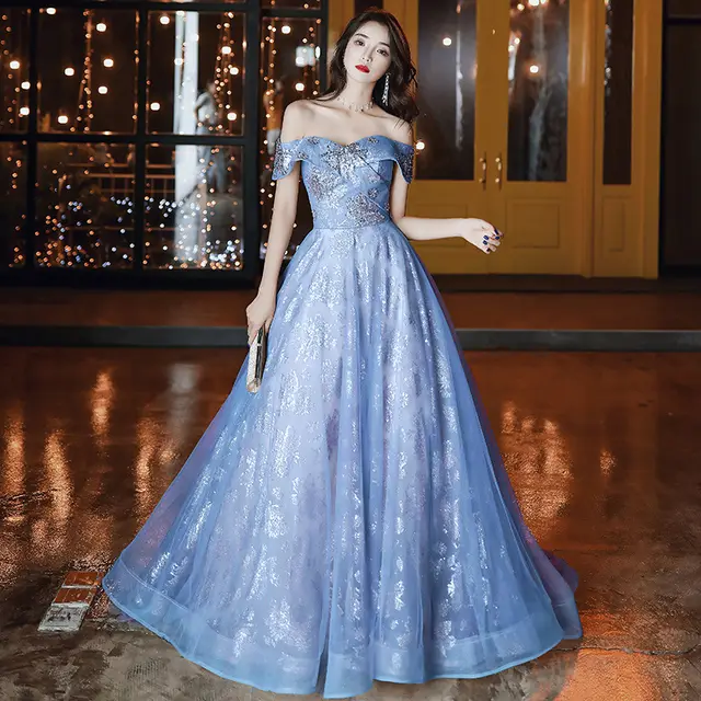 Retro Court Banquet Temperament Ladies Long Dress Blue - Shop at LoveMi