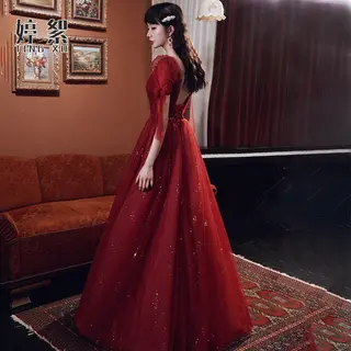 Female Wine Red Banquet Temperament Dress - Wine Red