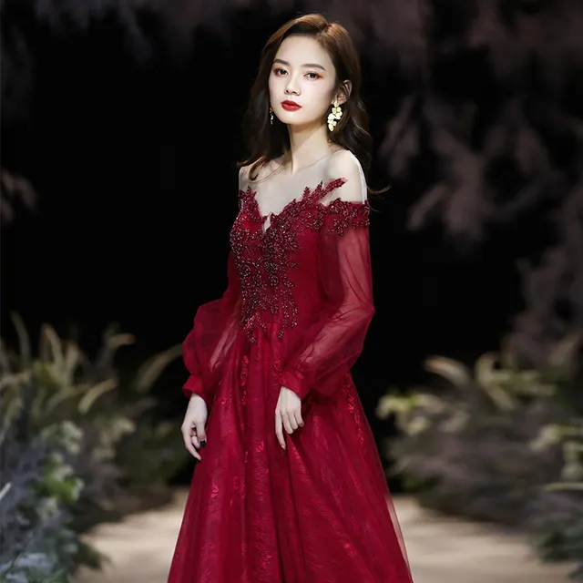 Ladies Red Banquet Temperament Dress Skirt Wine Red - Shop at LoveMi