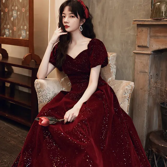 Toasting Dress Bridal red New Autumn and Winter Wedding Dress Wine Red - Shop at LoveMi